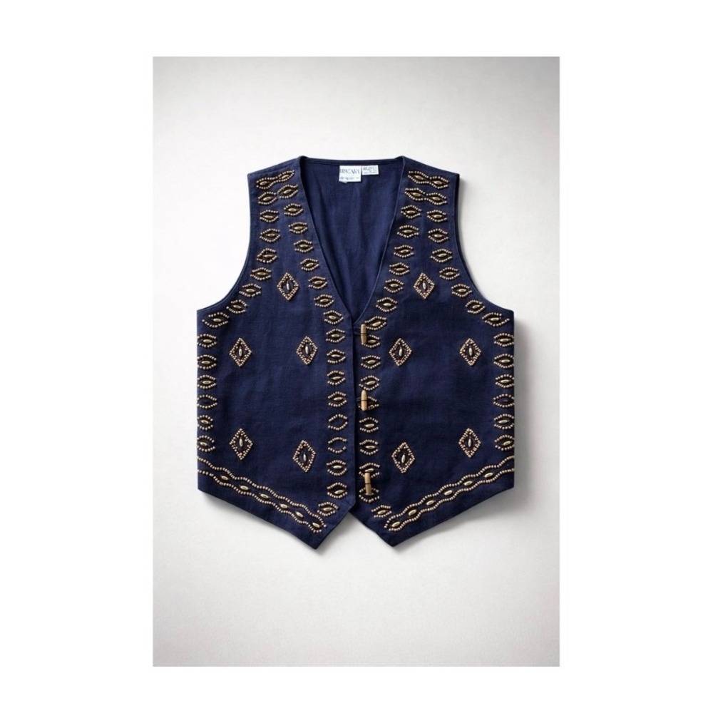 Khazana Vintage Beaded Cotton Vest Navy Boho Western 90s Retro L